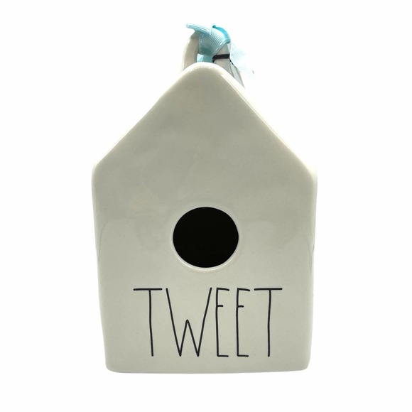 Rae Dunn Tweet Ceramic Birdhouse with Blue Ribbon - Picture 1 of 4